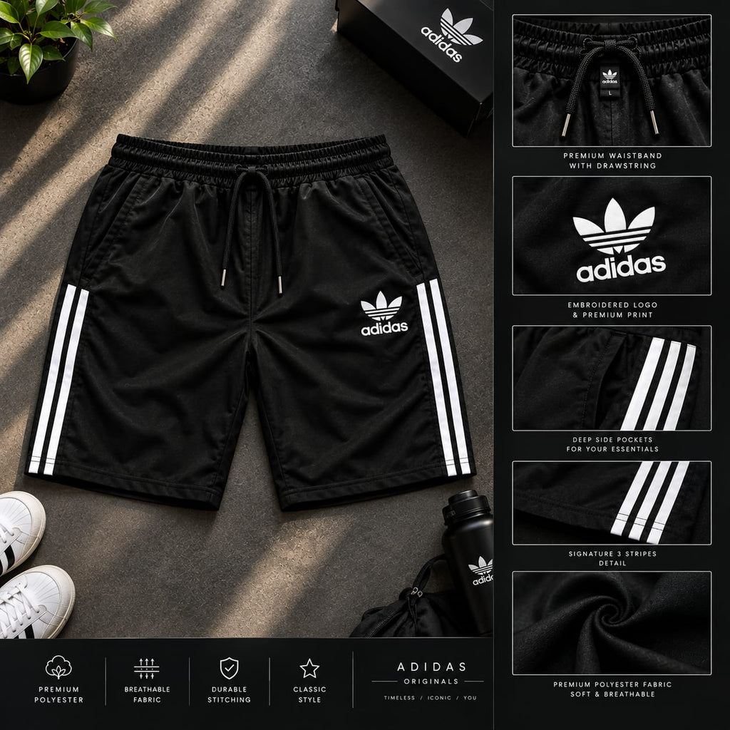 Black Adidas athletic shorts with white three-stripes and a white trefoil logo, shown in a styled flat-lay with product detail callouts on the right and feature icons along the bottom.