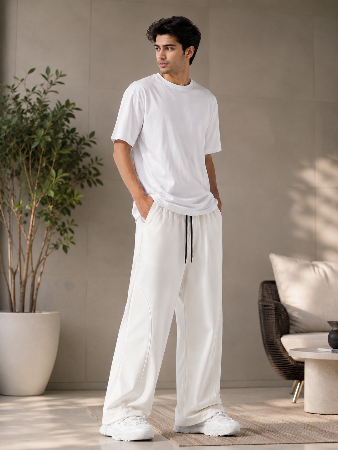 A man wearing a white short-sleeve crewneck t-shirt and matching white wide-leg drawstring sweatpants, standing in a modern indoor setting with a potted plant and a chair in the background.