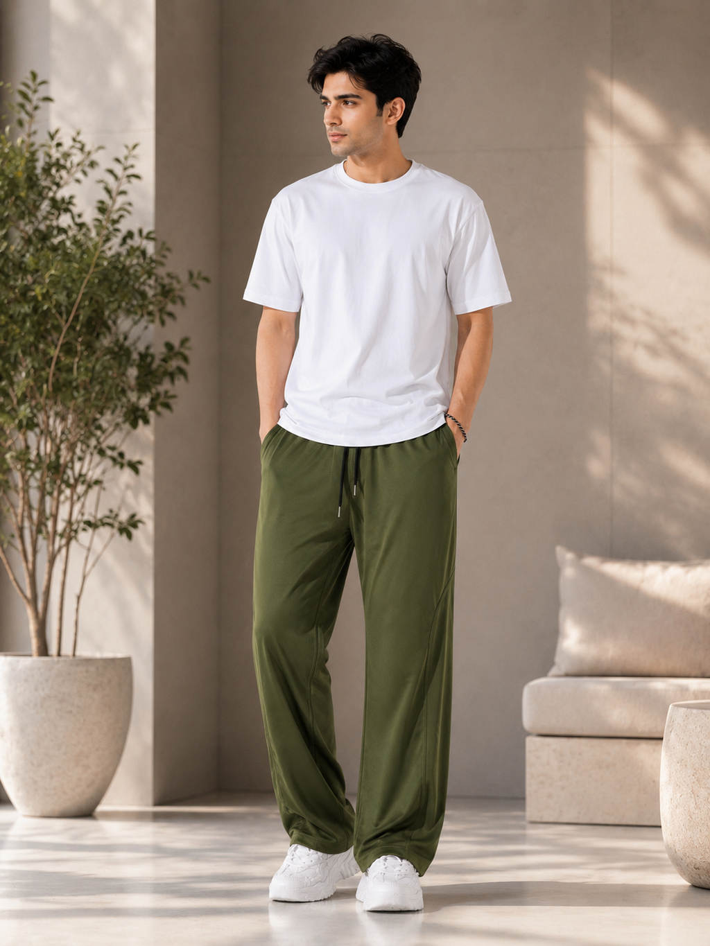A man wearing a white crewneck t-shirt and olive green drawstring sweatpants, standing in a modern, sunlit indoor space with a potted plant and a sofa in the background.