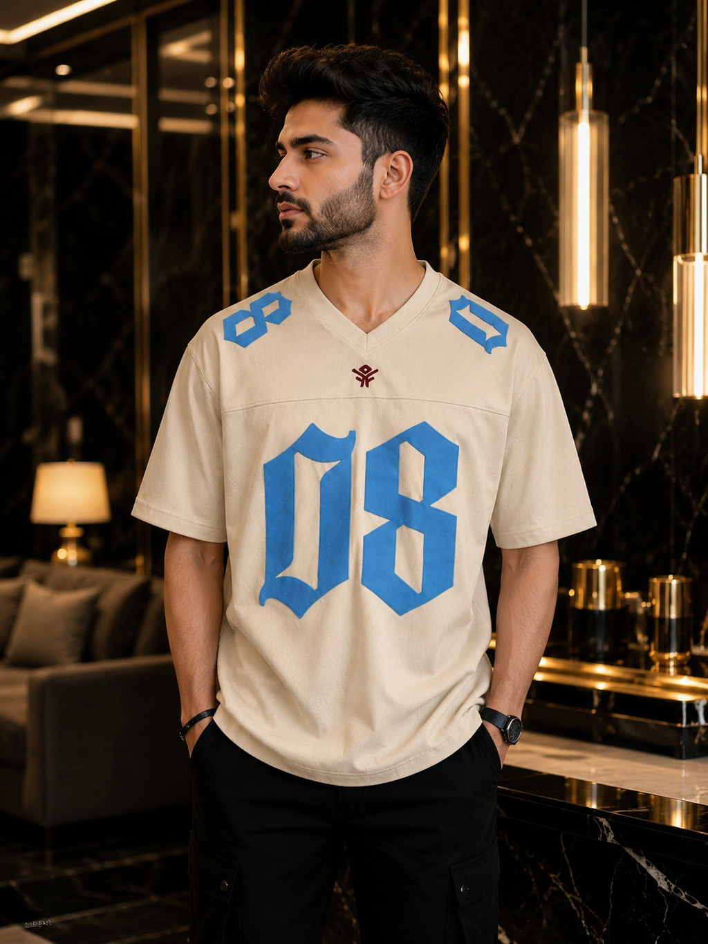 A man wearing a cream-colored football-style jersey with large blue '08' numbers on the front, blue shoulder numbers, and a small red crest logo, standing in a luxurious interior setting with dark marble walls and gold pendant lights.