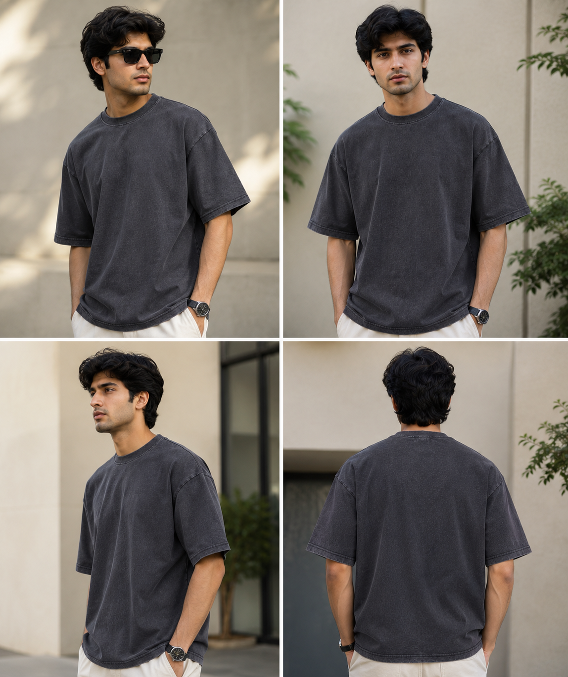 A man modeling an oversized dark charcoal gray t-shirt in a four-panel grid layout, showing front, side, and back views against a neutral outdoor wall background.