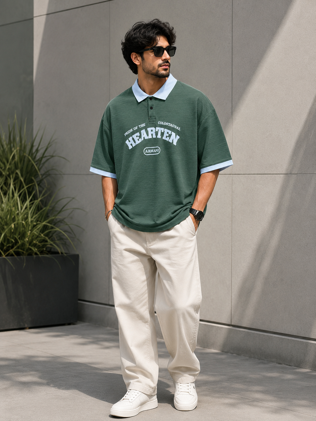 A man wearing a dark green short-sleeve polo shirt with a light blue collar and cuffs, cream pants, and white sneakers, standing outdoors against a gray concrete wall.