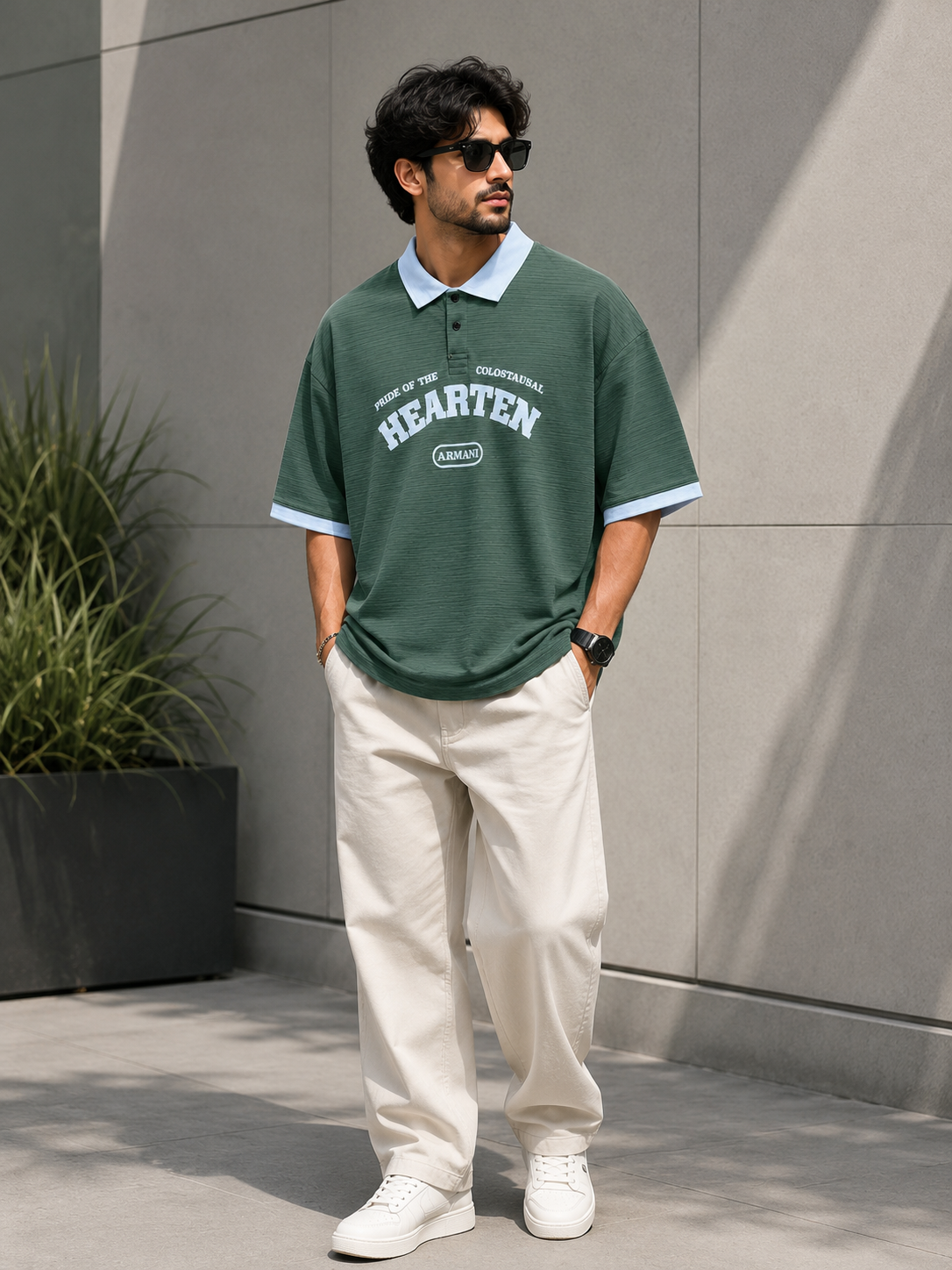A man wearing a dark green short-sleeve polo shirt with a light blue collar and cuffs, cream pants, and white sneakers, standing outdoors against a gray concrete wall.