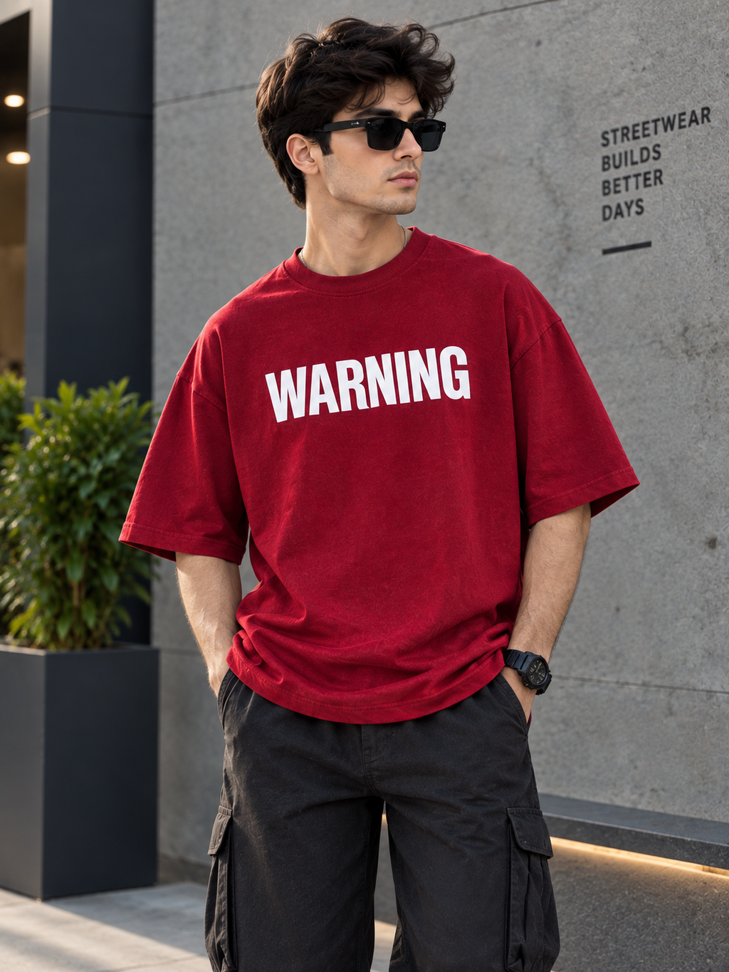 A man wearing a red crewneck t-shirt with the word 'WARNING' printed in bold white capital letters across the chest, paired with black cargo pants and black sunglasses, standing outdoors against a gray concrete wall.