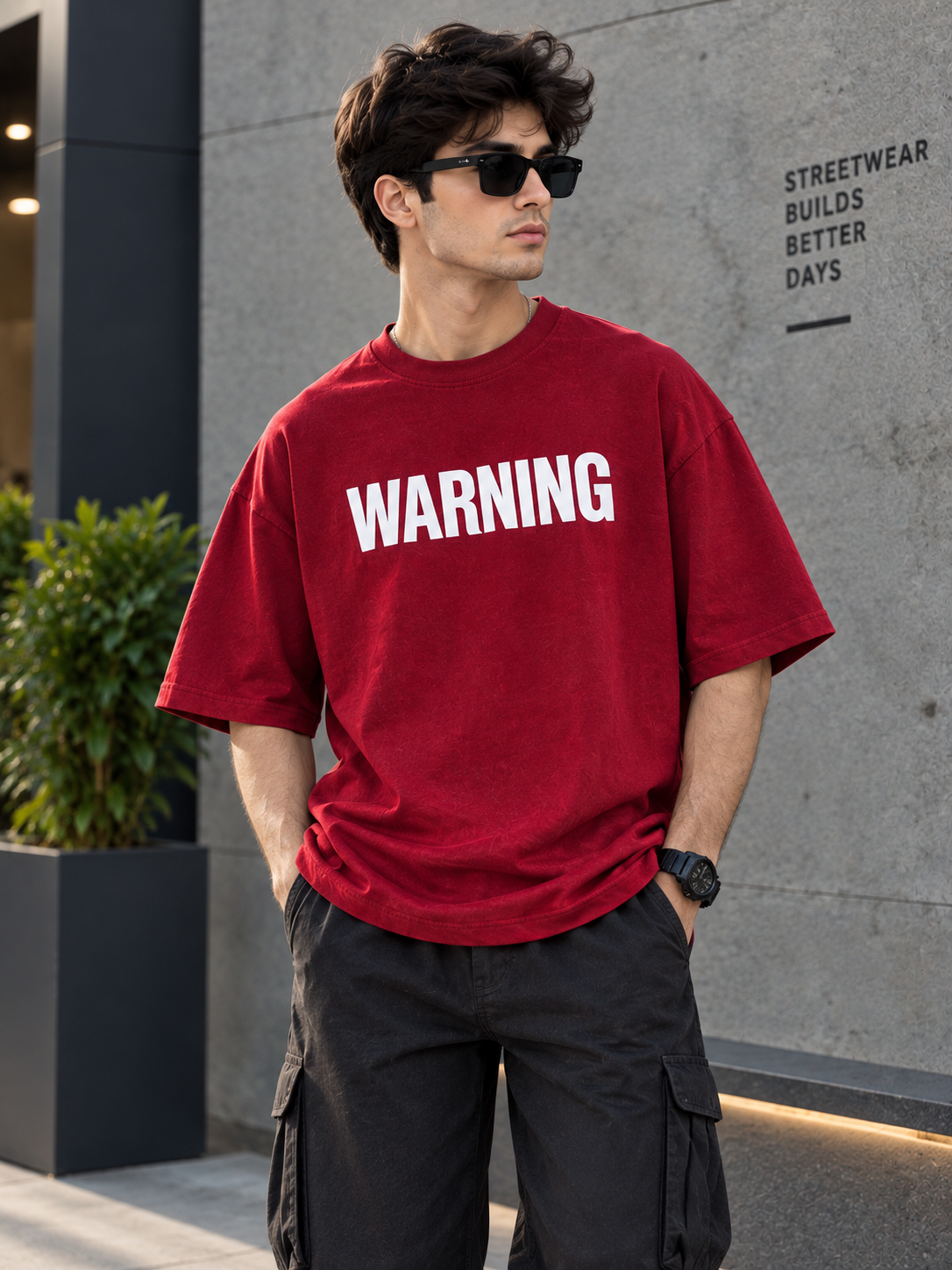 A man wearing a red crewneck t-shirt with the word 'WARNING' printed in bold white capital letters across the chest, paired with black cargo pants and black sunglasses, standing outdoors against a gray concrete wall.