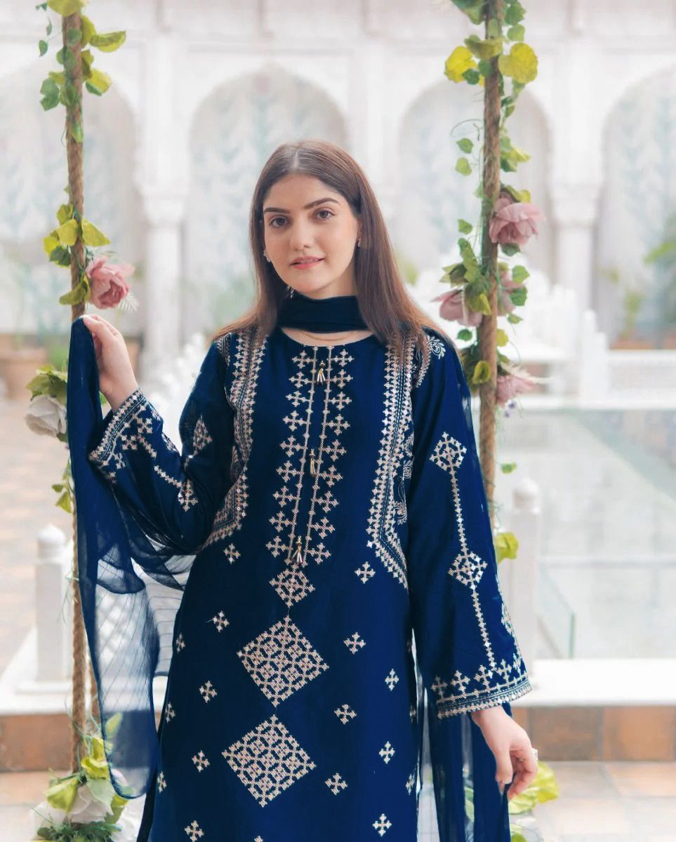 3PC Cotton Suit for Women – Embroidered Shirt, Trouser & Dupatta
