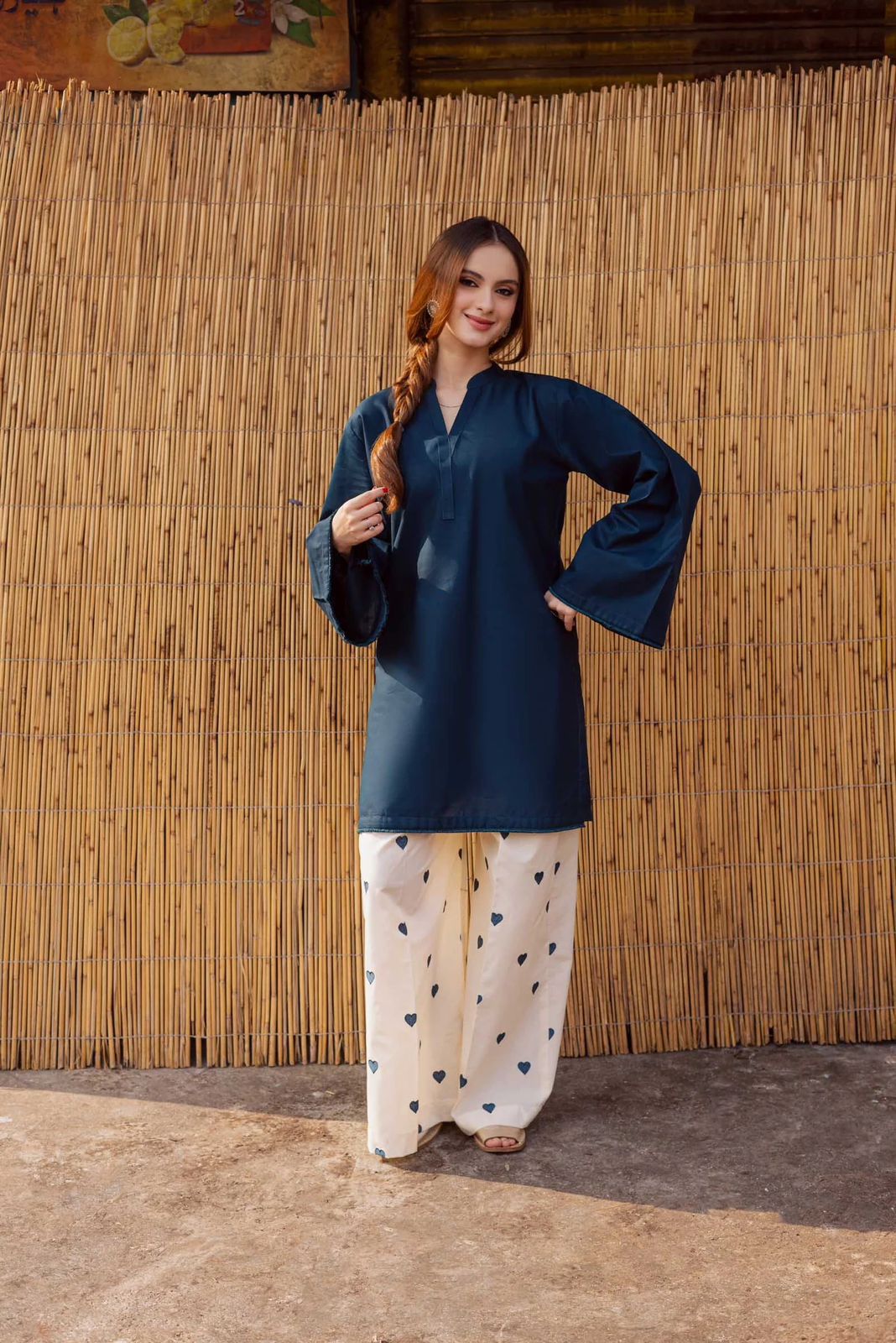 2PC Linen Heart Printed Dress for Women – V Neck Shirt & Flapper