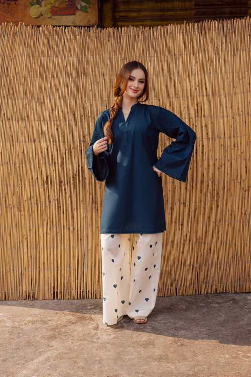 2PC Linen Heart Printed Dress for Women – V Neck Shirt & Flapper