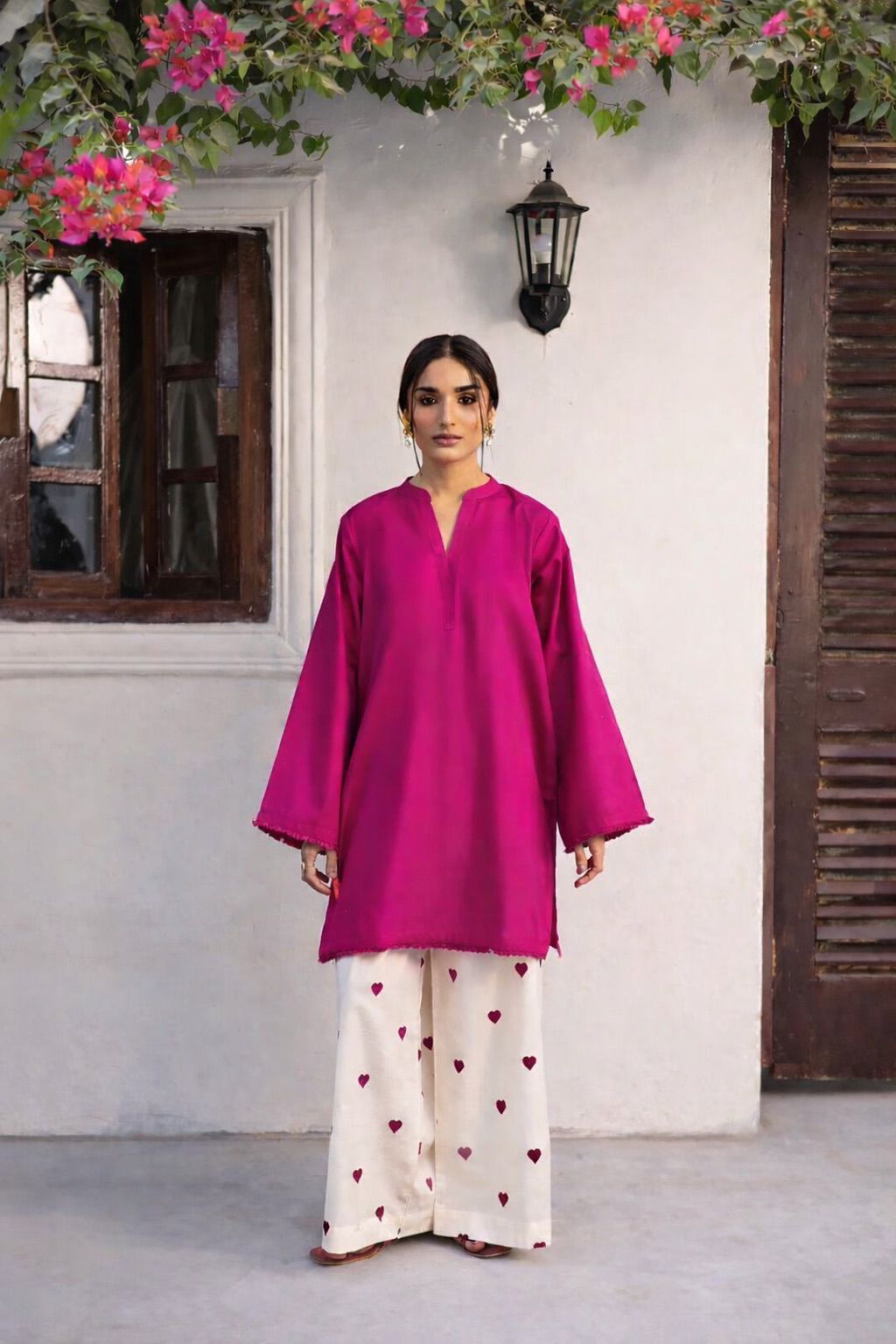 2PC Linen Heart Printed Dress for Women – V Neck Shirt & Flapper