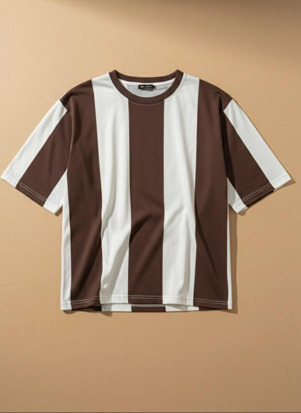 A short-sleeve crewneck t-shirt with vertical brown and white stripes, laid flat against a solid beige background.