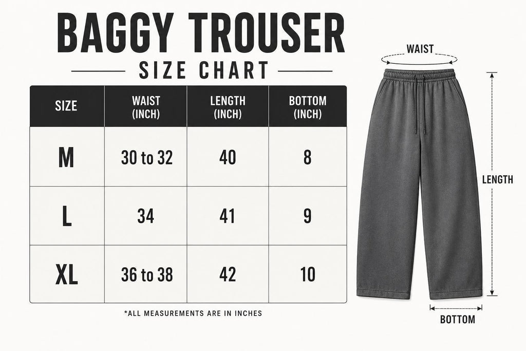 Baggy Trouser size chart with measurements and an example of the pants.