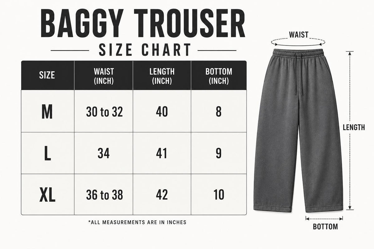 Baggy Trouser size chart with measurements and an example of the pants.