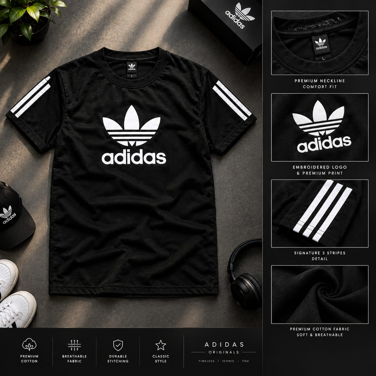 Black Adidas t-shirt with white logo and three stripes, shown in a styled flat-lay with inset detail panels on the right and feature icons along the bottom.