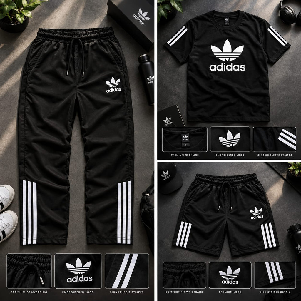 A product collage showing black Adidas track pants and a matching black Adidas T-shirt laid flat on a dark surface, with small inset detail panels and text labels. The apparel features white Adidas logos and white three-stripe accents.