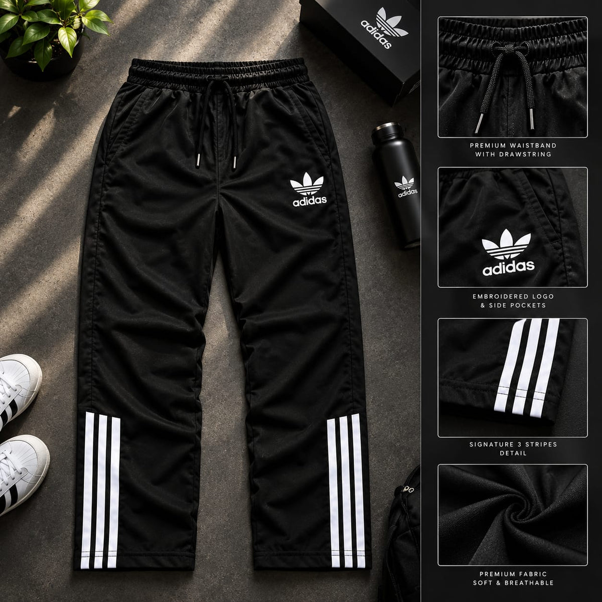 Black Adidas track pants with white three-stripes and a white embroidered logo, shown in a styled flat-lay with product detail callouts on the right and branded accessories around it.
